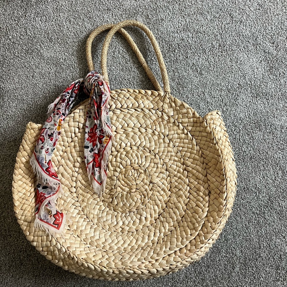 Anthropologie woven straw circular beach bag with red scarf